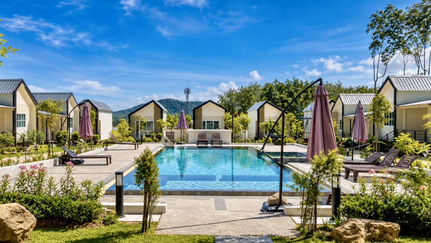 Swimming pool, cabins and mountain view at NaraRin Phuket
