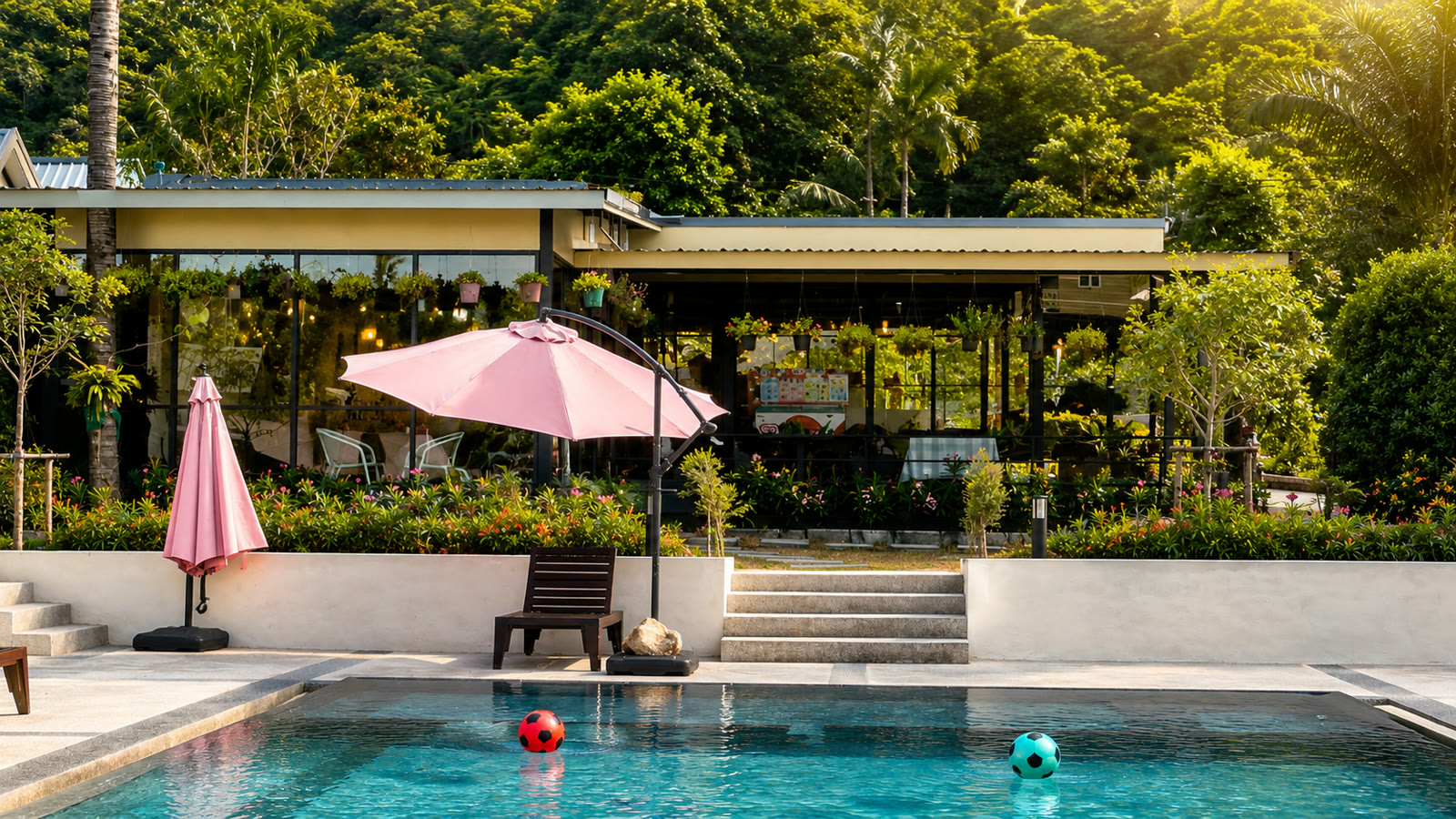 Swimming pool, garden café and jungle backdrop at NaraRin Phuket