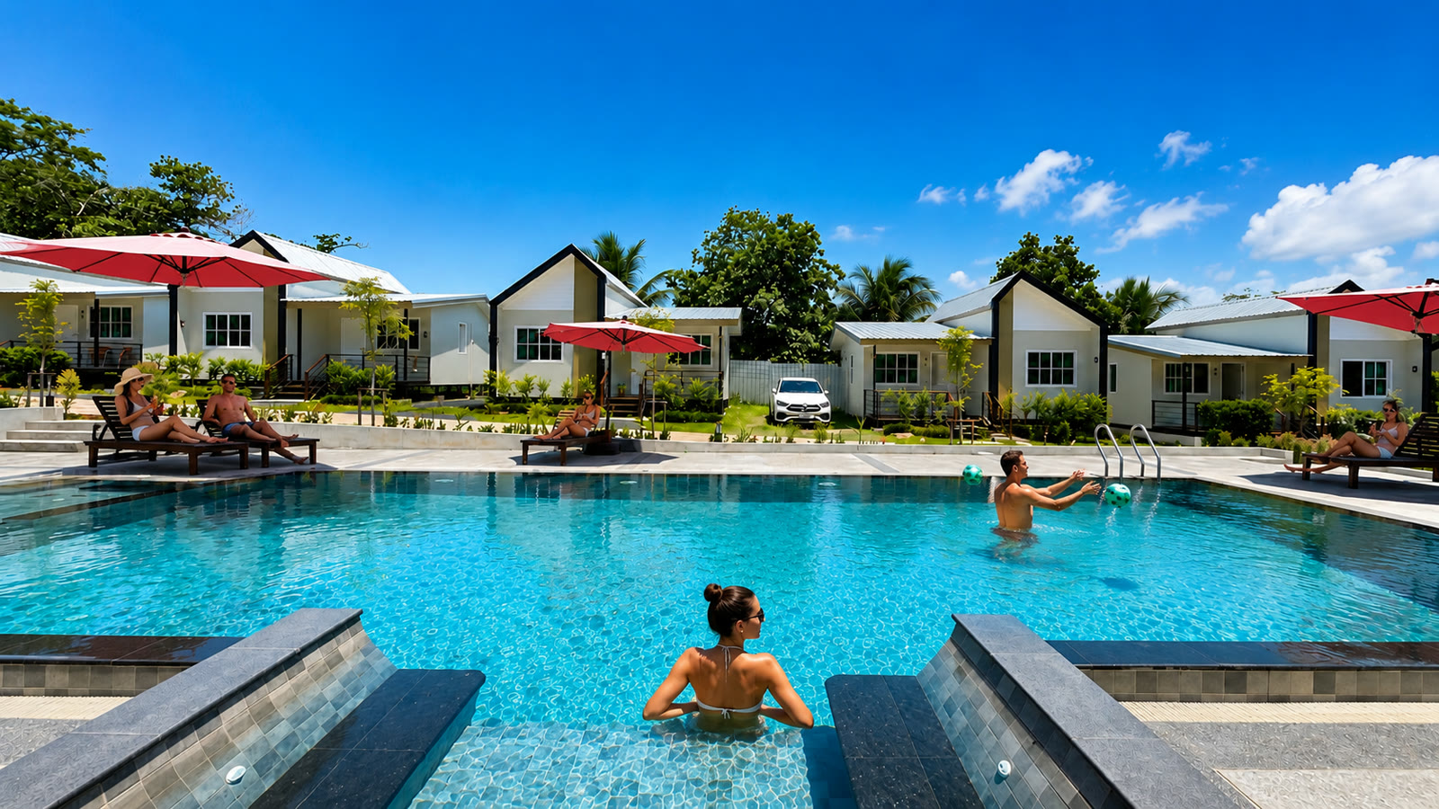 Swimming pool in the morning sun at NaraRin Phuket