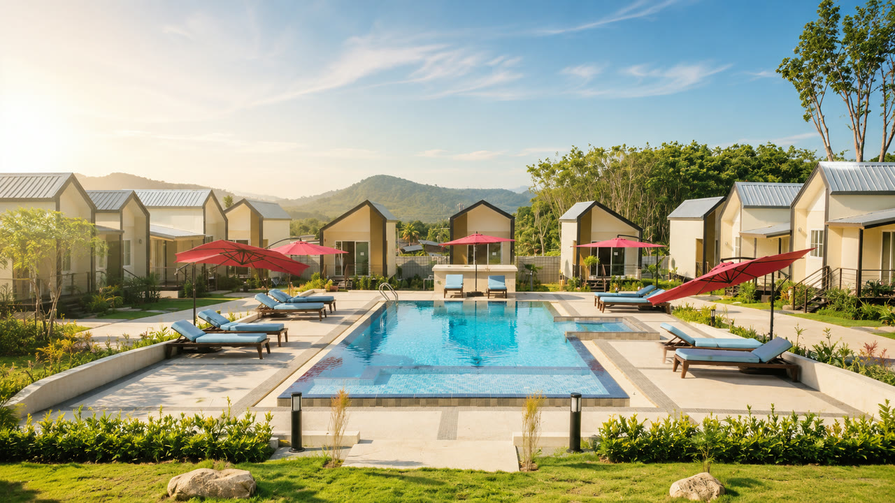 NaraRin villas and pool with mountains behind