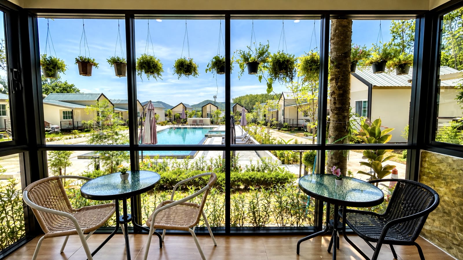 Café interior with garden window view at NaraRin Phuket