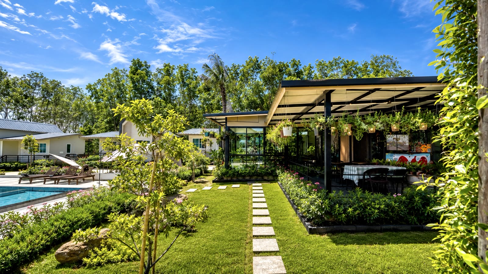 Garden café and pool at NaraRin Phuket on a bright day