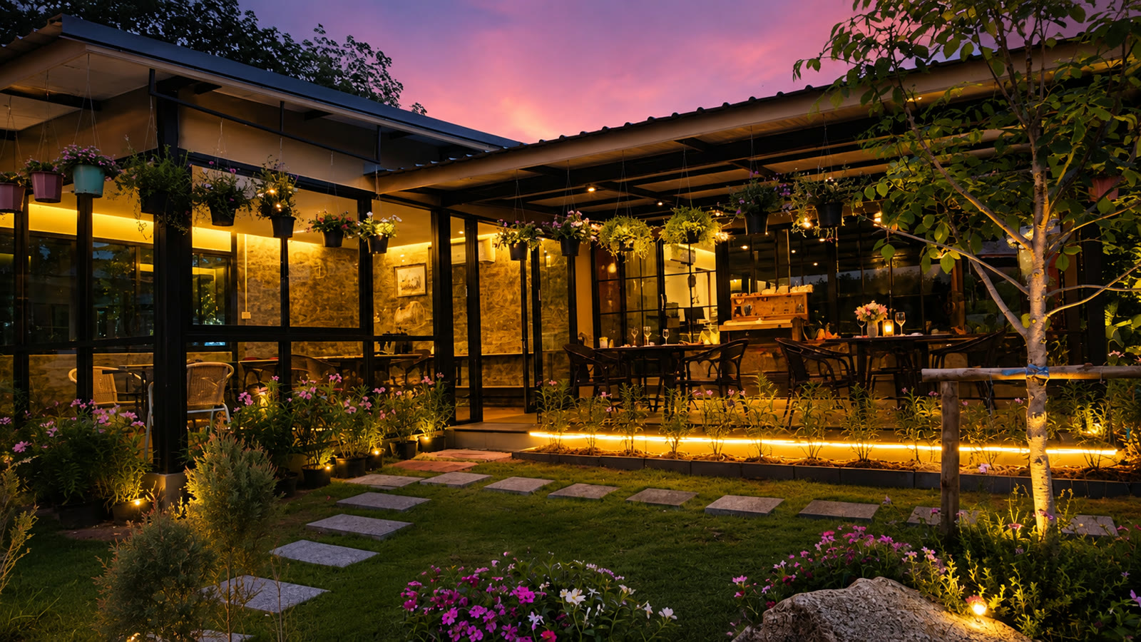 NaraRin Phuket garden restaurant and cafГ© glowing at dusk