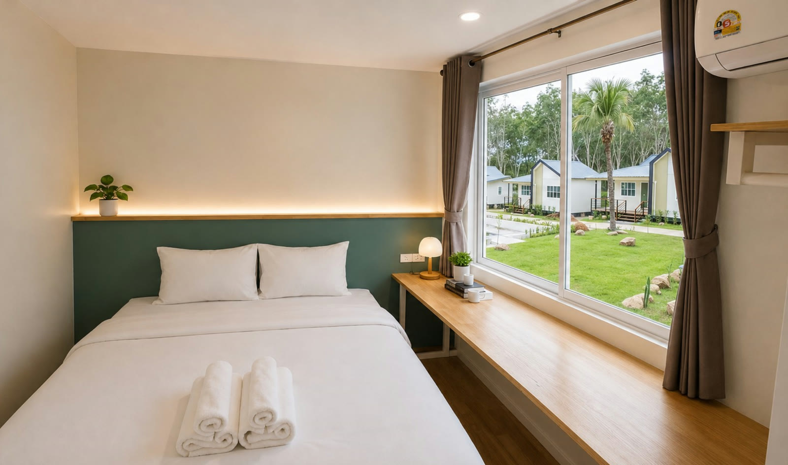 Two-bedroom house bedroom at NaraRin Phuket with a window view over the resort garden